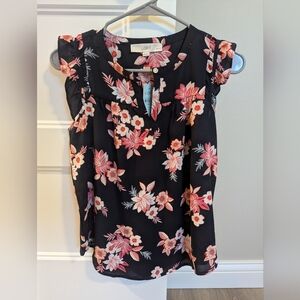 Loft Womens Blouse Blue Pink Floral Sleeveless Keyhole Neck Button XSP